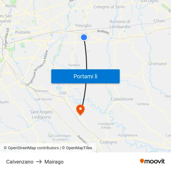 Calvenzano to Mairago map