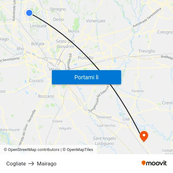 Cogliate to Mairago map