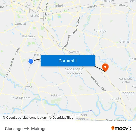 Giussago to Mairago map