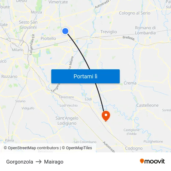 Gorgonzola to Mairago map