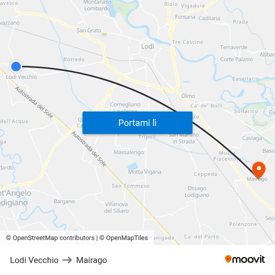Lodi Vecchio to Mairago map