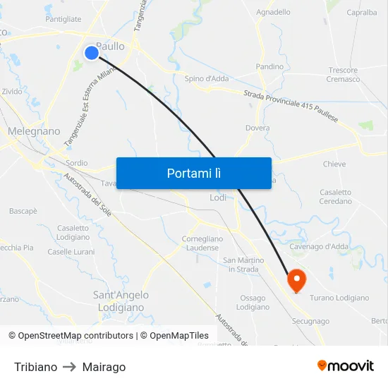 Tribiano to Mairago map