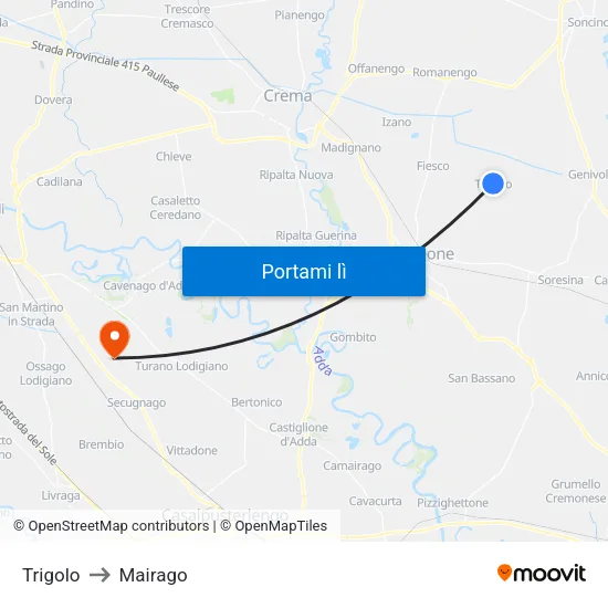 Trigolo to Mairago map