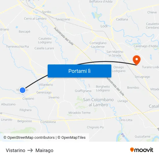 Vistarino to Mairago map