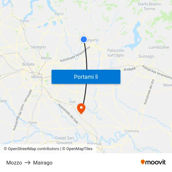 Mozzo to Mairago map