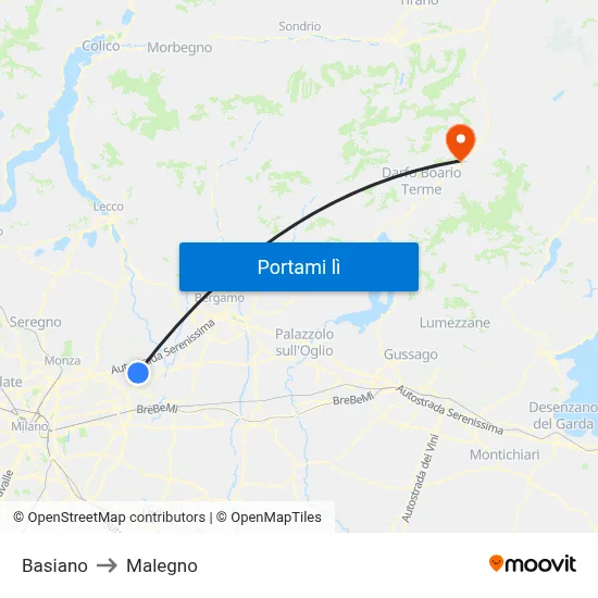 Basiano to Malegno map