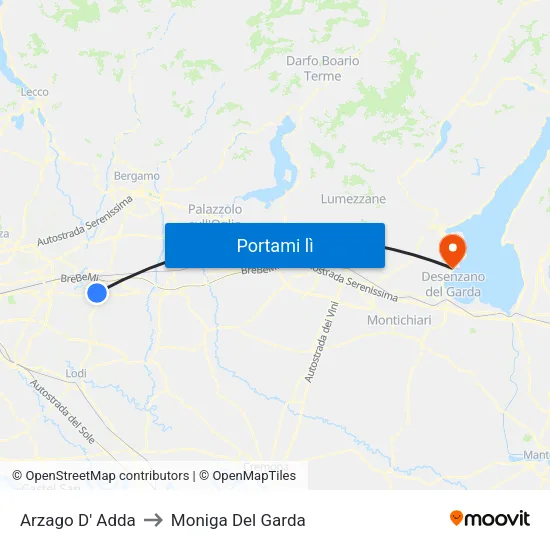 Arzago D' Adda to Moniga Del Garda map