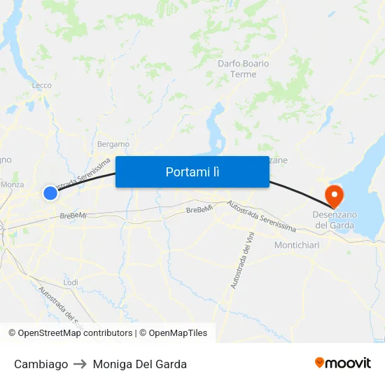 Cambiago to Moniga Del Garda map