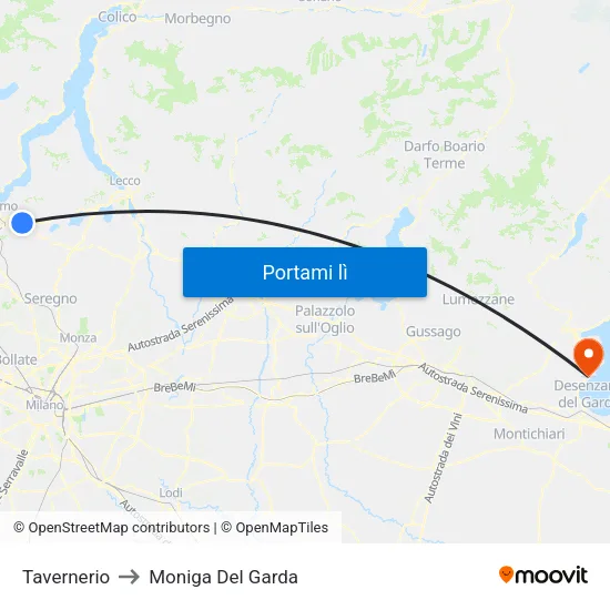 Tavernerio to Moniga Del Garda map