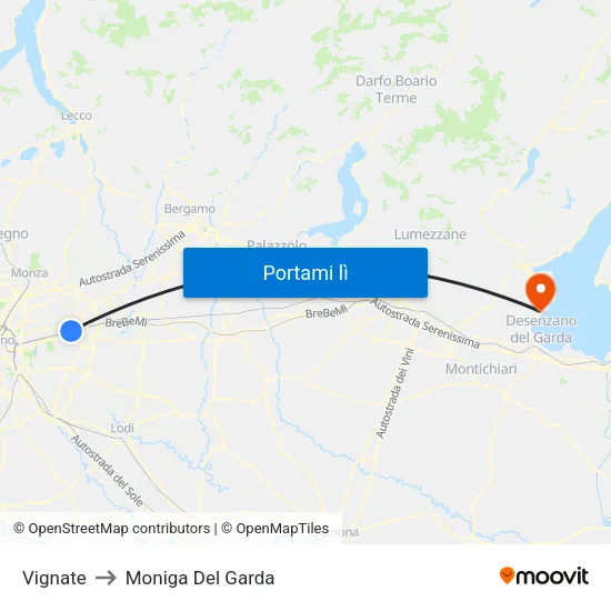 Vignate to Moniga Del Garda map