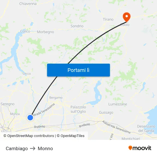 Cambiago to Monno map