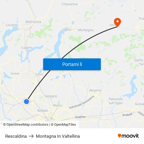 Rescaldina to Montagna In Valtellina map