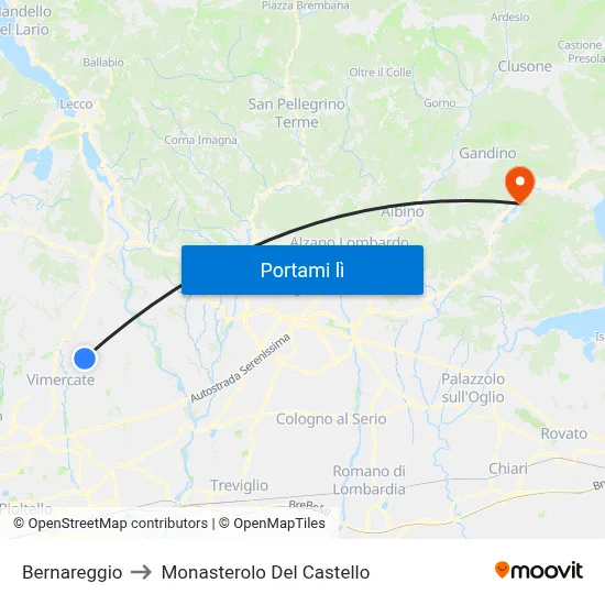 Bernareggio to Monasterolo Del Castello map