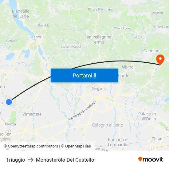 Triuggio to Monasterolo Del Castello map