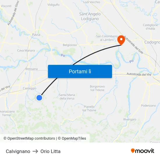 Calvignano to Orio Litta map