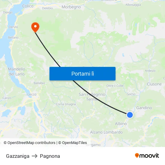 Gazzaniga to Pagnona map