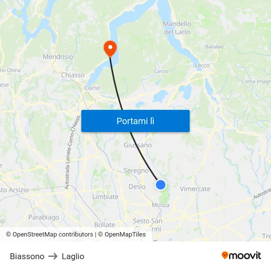 Biassono to Laglio map