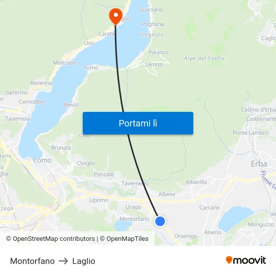 Montorfano to Laglio map