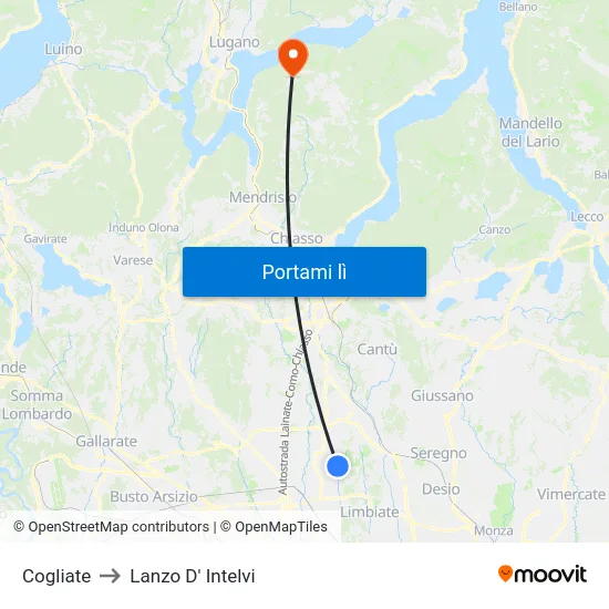 Cogliate to Lanzo D' Intelvi map
