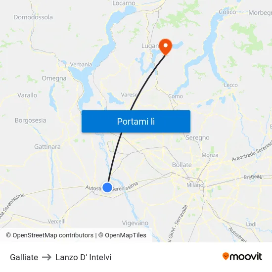 Galliate to Lanzo D' Intelvi map