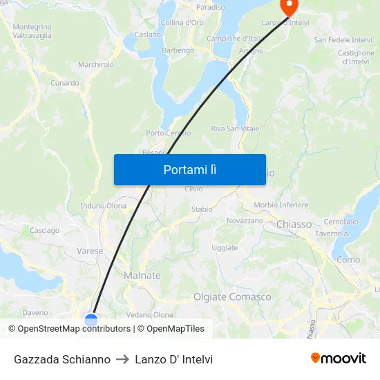 Gazzada Schianno to Lanzo D' Intelvi map