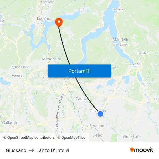 Giussano to Lanzo D' Intelvi map