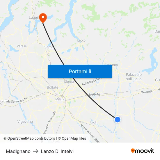 Madignano to Lanzo D' Intelvi map