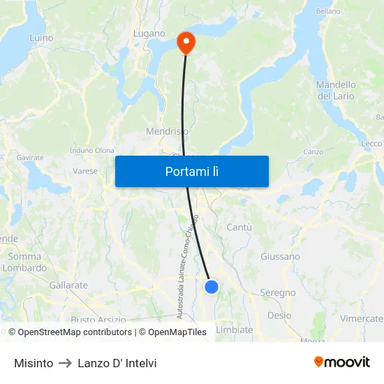 Misinto to Lanzo D' Intelvi map