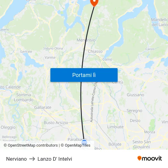 Nerviano to Lanzo D' Intelvi map