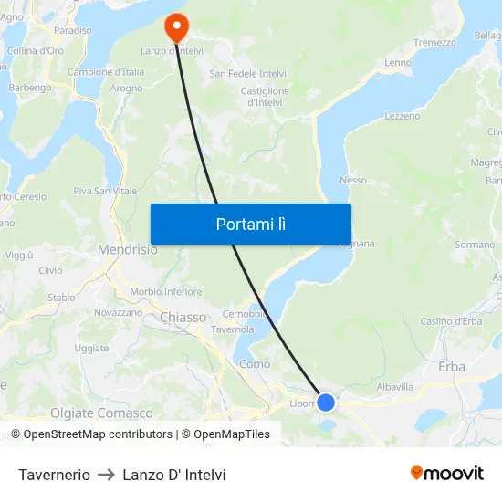 Tavernerio to Lanzo D' Intelvi map
