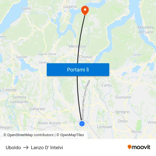 Uboldo to Lanzo D' Intelvi map