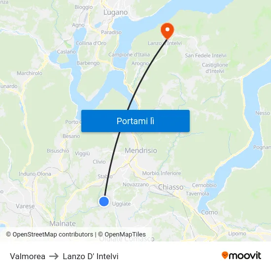 Valmorea to Lanzo D' Intelvi map