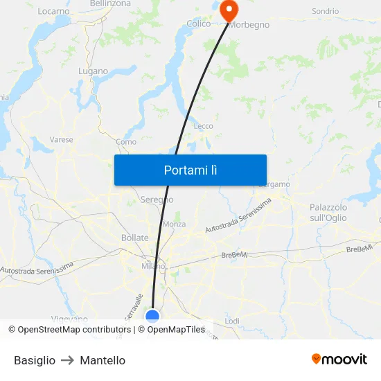 Basiglio to Mantello map