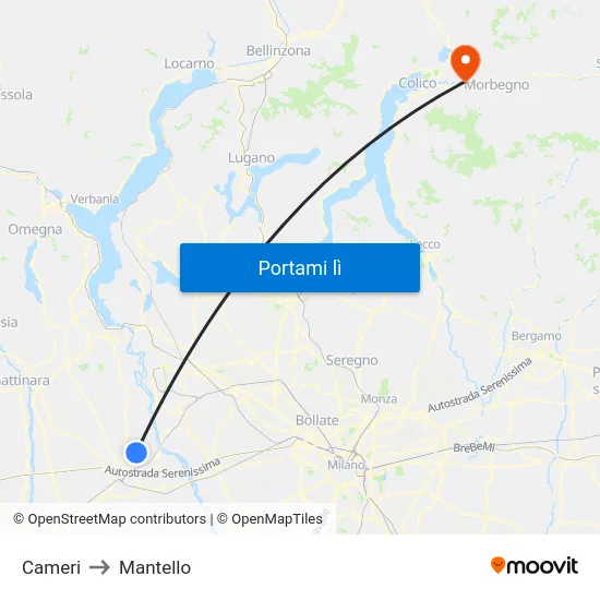 Cameri to Mantello map