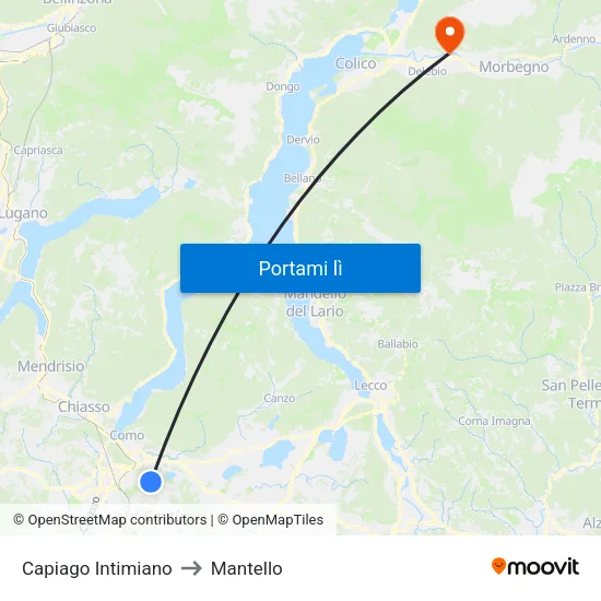Capiago Intimiano to Mantello map