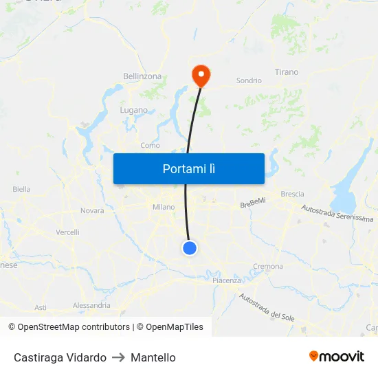 Castiraga Vidardo to Mantello map