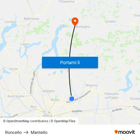 Roncello to Mantello map