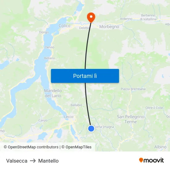 Valsecca to Mantello map