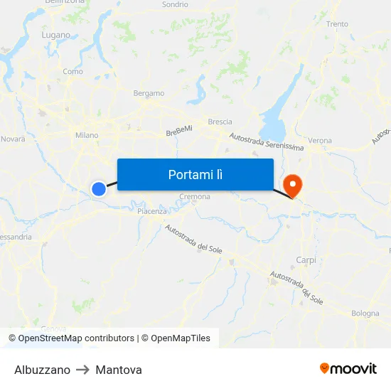 Albuzzano to Mantova map