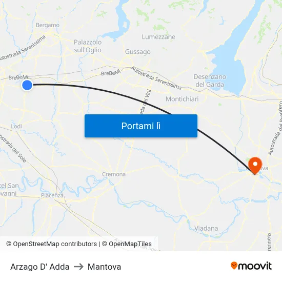 Arzago D' Adda to Mantova map