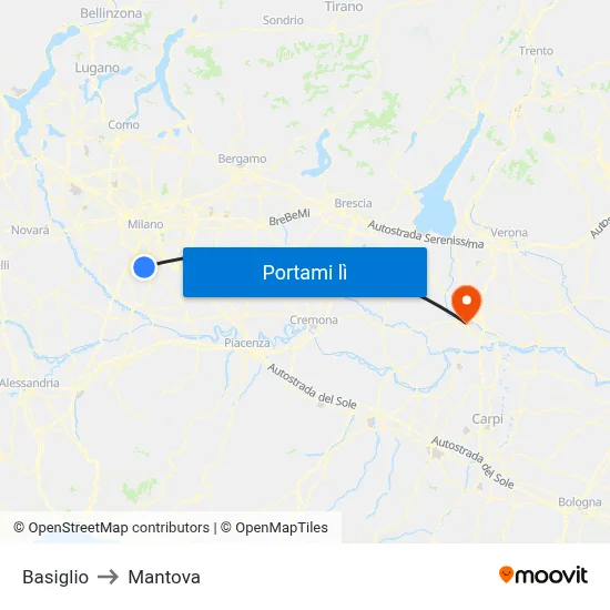 Basiglio to Mantova map