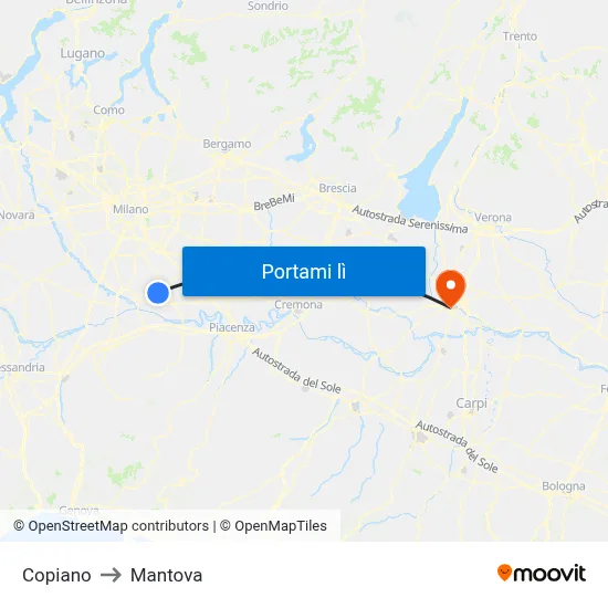 Copiano to Mantova map