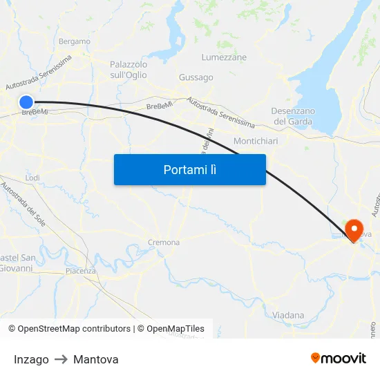 Inzago to Mantova map