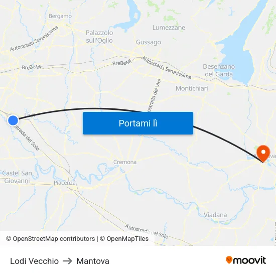 Lodi Vecchio to Mantova map