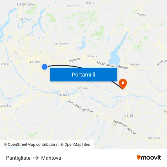 Pantigliate to Mantova map