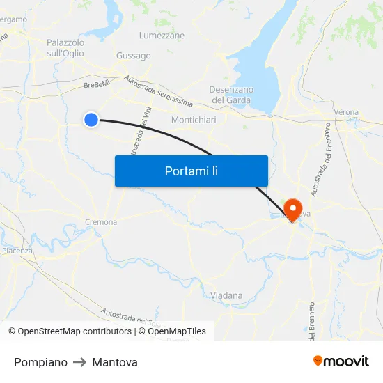Pompiano to Mantova map