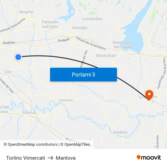 Torlino Vimercati to Mantova map