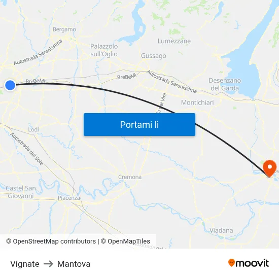 Vignate to Mantova map