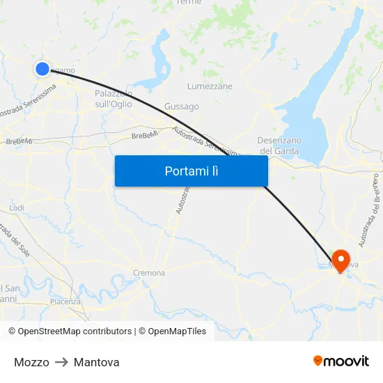 Mozzo to Mantova map