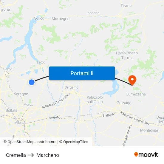 Cremella to Marcheno map